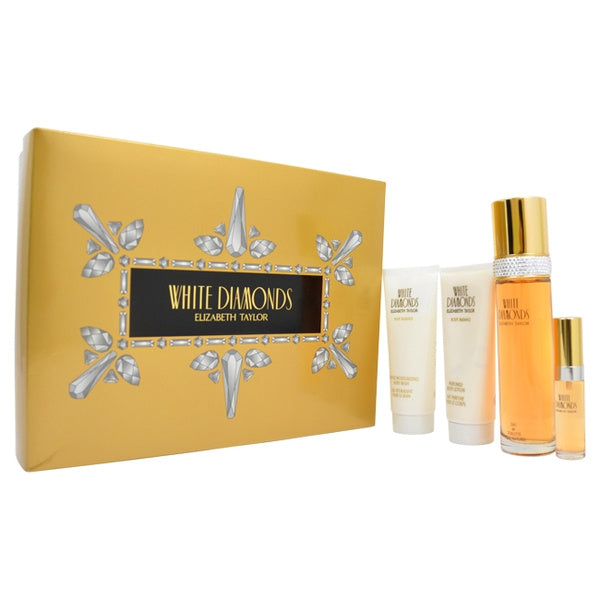 White Diamonds by Elizabeth Taylor for Women - 4 Pc Gift Set 3.3oz EDT Spray, 3.3oz Gentle Moisturizing Body Wash, 3.3oz Perfumed Body Lotion, 10ml EDT Spray