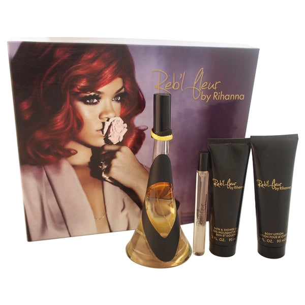Rebl Fleur by Rihanna for Women - 4 Pc Gift Set 3.4oz EDP Spray, 3oz Body Lotion, 3oz Bath and Shower Gel, 10ml EDP Spray