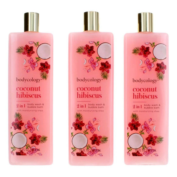 Coconut Hibiscus by Bodycology, 3 Pack 16 oz 2-1 Body Wash & Bubble Bath for Women