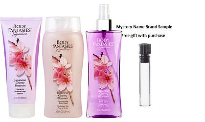 BODY FANTASIES JAPANESE CHERRY BLOSSOM by Body Fantasies BODY SPRAY 8 OZ & BODY LOTION 7 OZ & BODY WASH 12 OZ for WOMEN And a Mystery Name brand sample vile